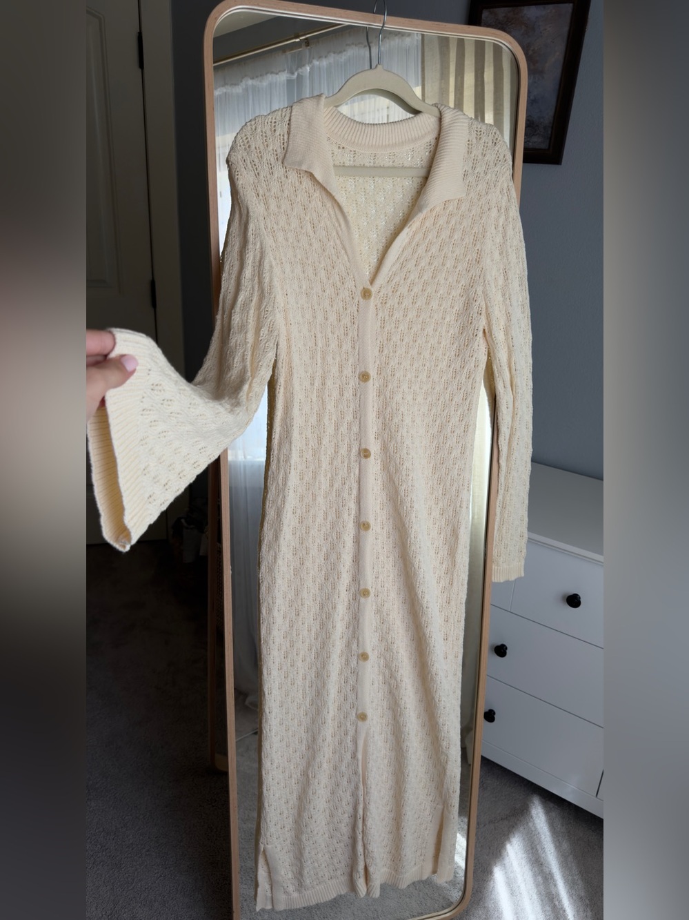 Long Cream Knit Button-Down Cardigan Dress